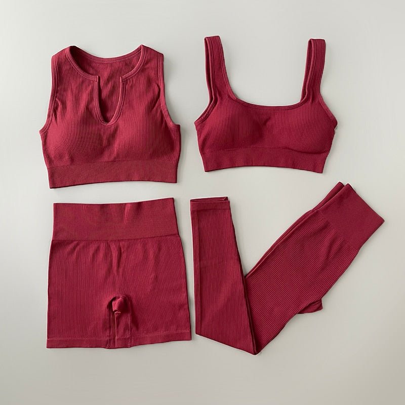 Ultimatefit Leisure Wear (4 Piece Set) - Cutefit - High Waisted Legging & Short with Sports Bra - Wine Red